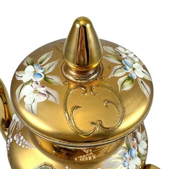 Venetian Green Glass Teapot 24K Gold Overlay Murano Hand Painted Enamel Flowers - Picture 6 of 11